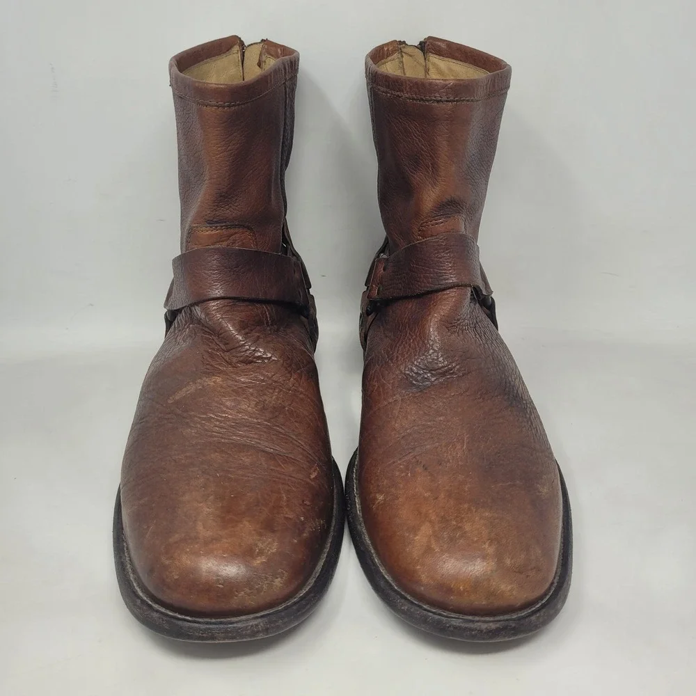 Frye Boots 12D Brown Leather Phillip Harness Short Moto Engineer Distressed Zip